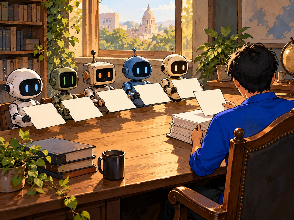Illustration: five small robots at a long table each hand a blank card to a man in a blue shirt, who stacks them.