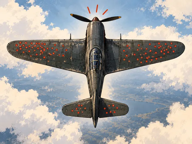 Illustration: an old propeller plane seen from above with red dots on its wings and tail, and no dots on the engine.