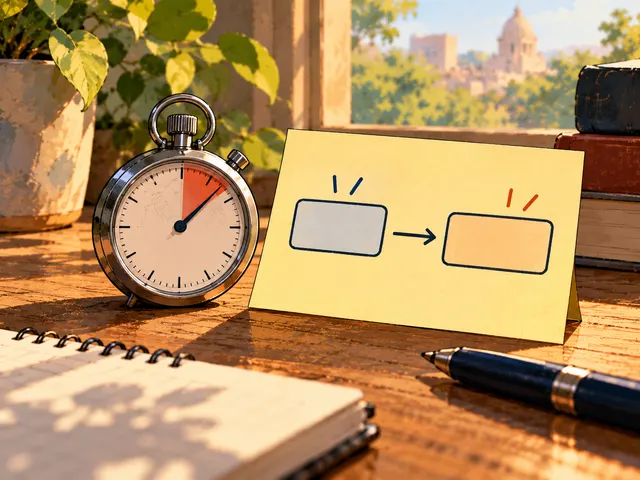 Illustration: a stopwatch beside a card showing one box leading to another, on a desk with a notebook and pen.