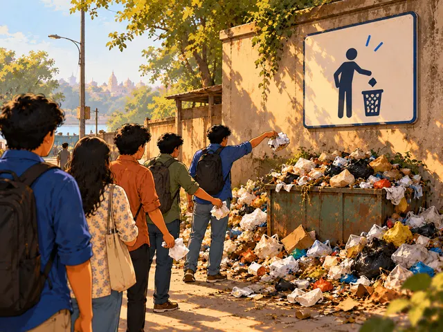 Illustration: a sign showing a figure using a bin hangs above a heap of litter, as passers-by add more.
