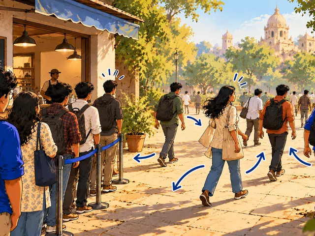 Illustration: a queue behind ropes outside a café while other people on the street turn to look at it, arrows pointing toward the queue.