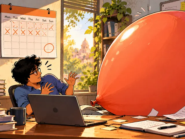 Illustration: a calendar with crossed-off days and one circled date, and a young man at his laptop pushed aside by a huge red balloon that fills the room.
