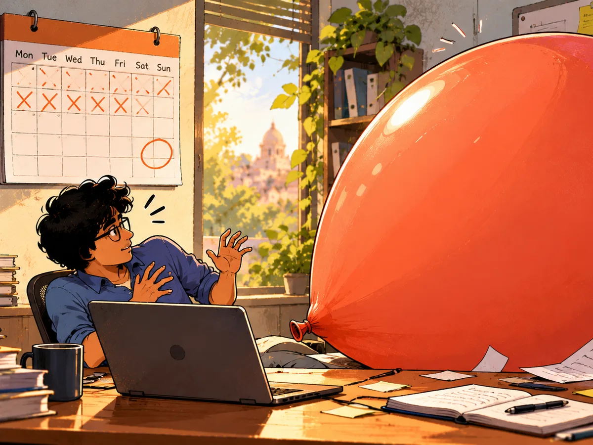 Illustration: a calendar with crossed-off days and one circled date, and a young man at his laptop pushed aside by a huge red balloon that fills the room.