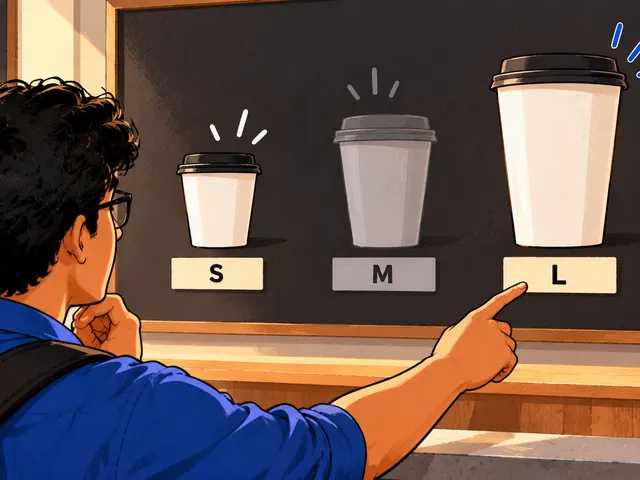 Illustration: a man points at the largest of three coffee cups labelled S, M and L on a café menu board.