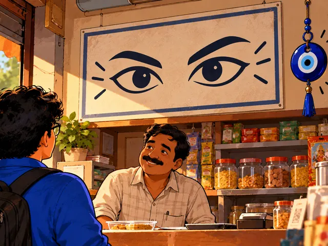 Illustration: a painted pair of eyes and a blue evil-eye charm hang over a small shop counter where a shopkeeper serves a customer.