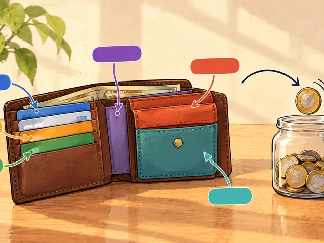 Illustration: an open wallet with coloured cards and pockets, each tagged with a coloured label, and a coin dropping into a jar of coins.
