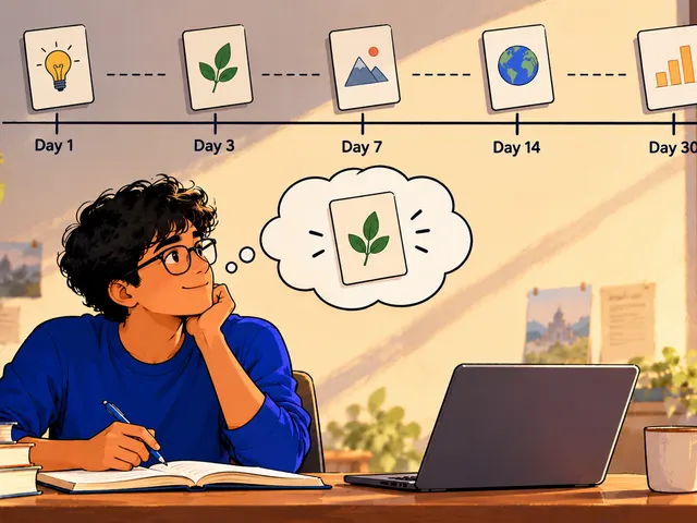 Illustration: a student at a desk recalls a leaf card in a thought bubble, beneath a timeline of cards spaced further and further apart.