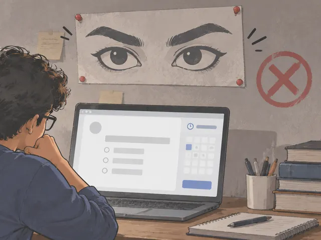 Illustration: a student sits a test on a laptop under a poster of staring eyes, with a red crossed-out circle on the wall.