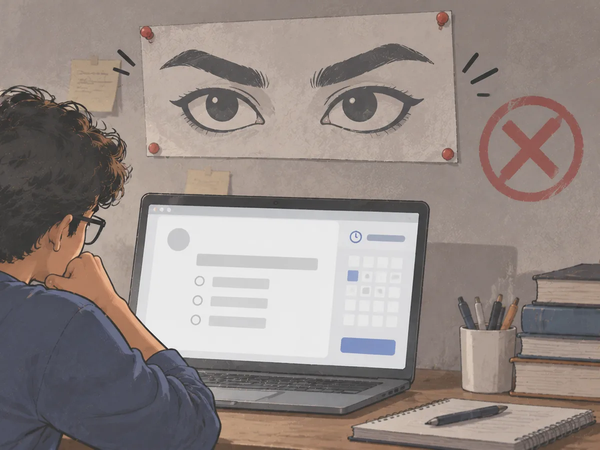 Illustration: a student sits a test on a laptop under a poster of staring eyes, with a red crossed-out circle on the wall.