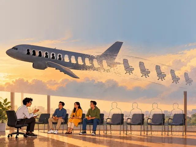 Illustration: a plane whose seats drift away empty above an interview room, where a few people sit with a researcher beside rows of empty chairs.